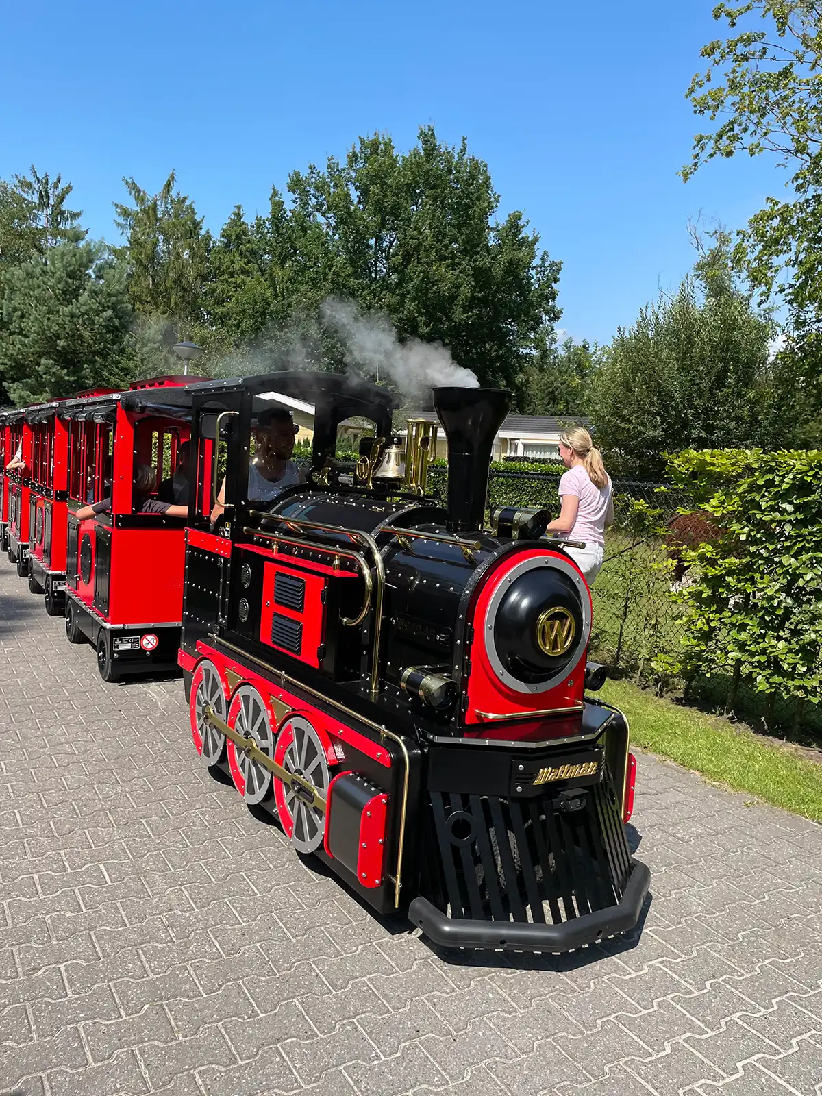 Wattman Maxi Express trackless train in outdoor park operation — locomotive detail with full wagon configuration