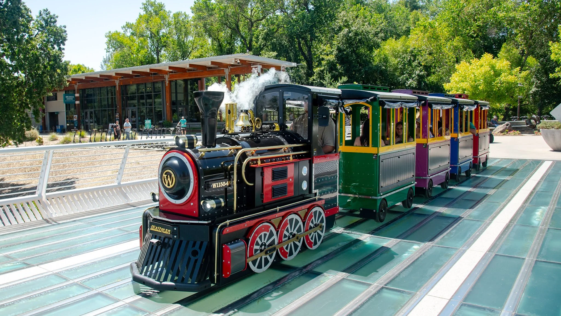 Wattman Maxi Express trackless train operating at Turtle Bay wildlife park in California