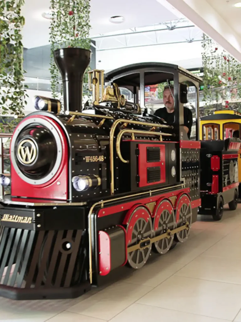 Wattman Mini Express locomotive detail — TÜV certified electric trackless train built to U.S. ASTM standards